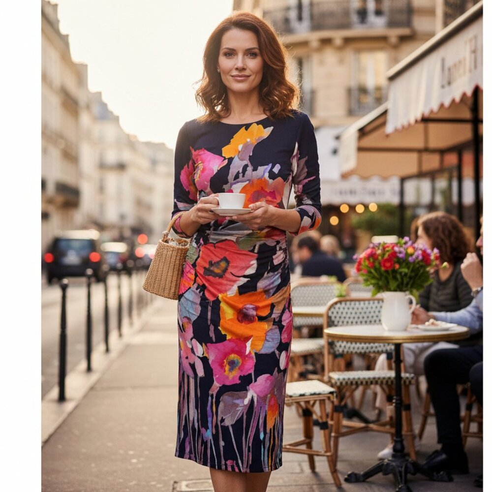 NWT Kay Unger NY "Kelly" Ruched Floral Midi Dress - Navy Multi -Sz 2 - MSRP $340 - Picture 1 of 4